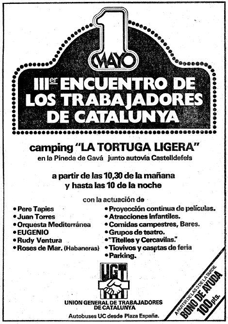 Anunci publicat al diari LA VANGUARDIA sobre la '3a Trobada dels treballadors de Catalunya' organitzada pel sindicat UGT al cmping 'La Tortuga Ligera' de Gav Mar (1 de Maig de 1980)